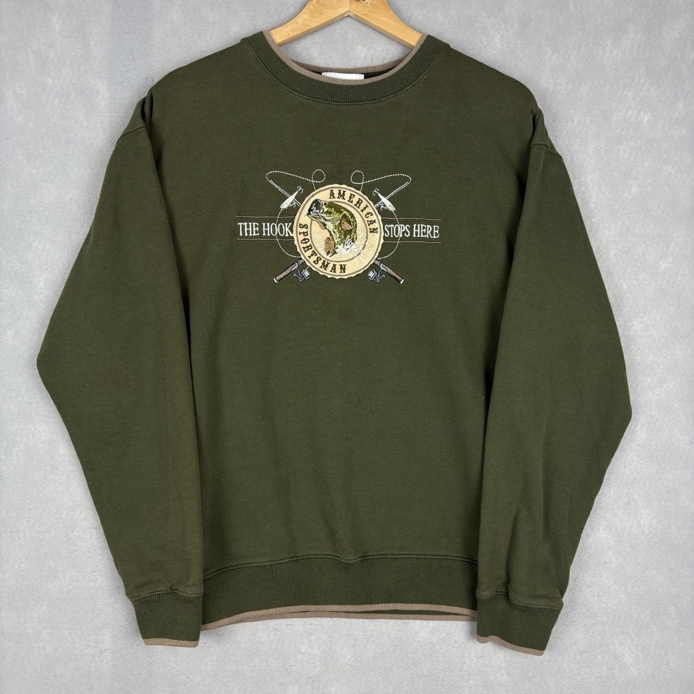 Vintage Fishing Sweatshirt Men’s Large Olive Green Hook Stops Here Embroidered